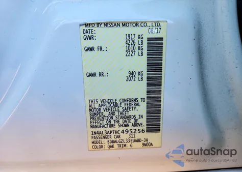 2017 Nissan Altima 2.5 z USA, uszkodzony, nr VIN 1N4AL3AP7HC495256